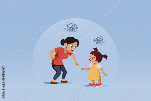 Angry woman and little girl screaming and yelling at each other. Family conflict develops bad child behavior.