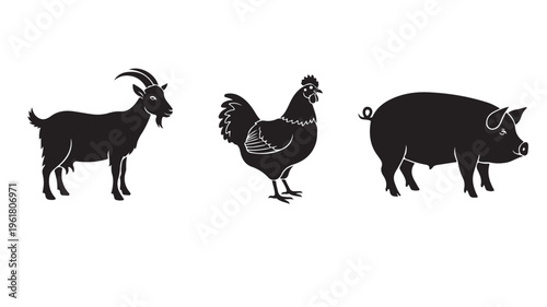 Black silhouettes of goat, chicken, and pig on white background for farm animal concepts