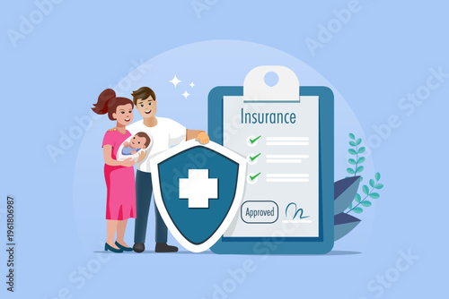 Man and woman holding baby in arms with insurance policy and protection shield. Family life and health insurance. vector.