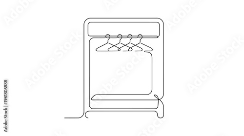  Minimal Continuous Line Art of a Closet with a Few Hangers and Open Space, Capsule Wardrobe Concept, Clean and Modern Interior Illustration