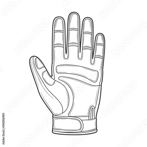 Detailed line art illustration of a protective athletic glove, perfect for sports safety and performance, showcasing its ergonomic design and secure wrist fastening