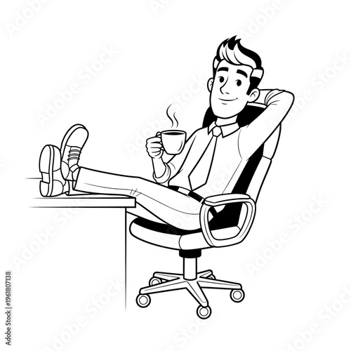 Relaxed businessman sitting at desk with feet up on table holding a coffee mug, enjoying a break from work with a smile