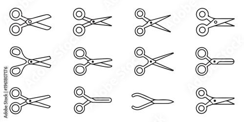 Minimalist scissor line icons set featuring various cutting tool shapes for tailoring and office supplies use