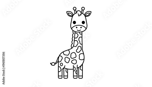 Cute cartoon giraffe illustration in black and white outline style