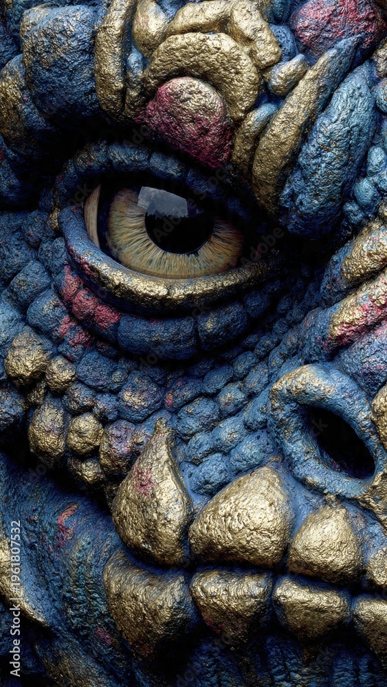 Naklejka premium Close-up of a dragon's eye with textured blue and gold scales