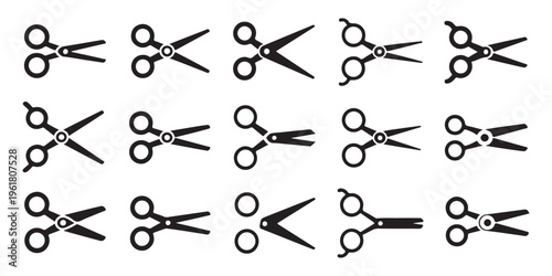 Set of 15 black scissor icons representing various types of cutting tools for hair and crafts
