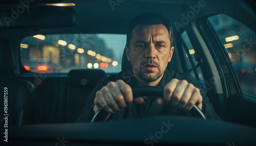 Tense man gripping the steering wheel while driving at night with a focused and strained expression. Concept of survival mode, chronic stress, emotional suppression and constant pressure in urban rout