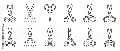 Variety of 10 outline scissor icons, representing different styles of cutting instruments