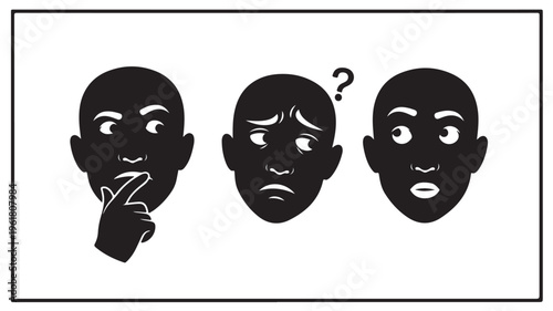 Three Black Silhouette Heads with Different Facial Expressions on White Background For Conceptual Ideas
