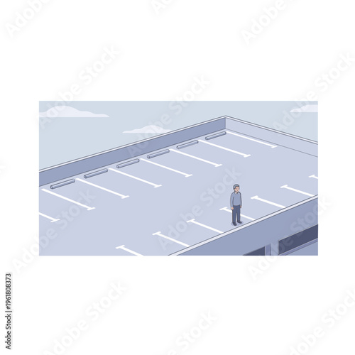 A man stands alone on a rooftop parking lot edge with clouds
