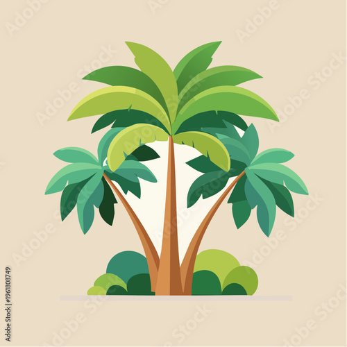 Flat vector illustration of a tropical paradise with a cluster of vibrant palm trees and lush greenery, perfect for summer themes