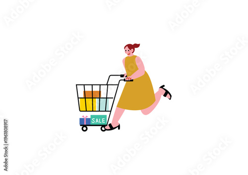 ショッピングカートを押す女性のイラスト