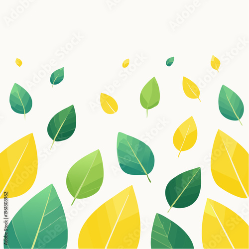 Vibrant green and yellow leaves gently falling, creating a refreshing botanical background design ideal for spring and autumn themes