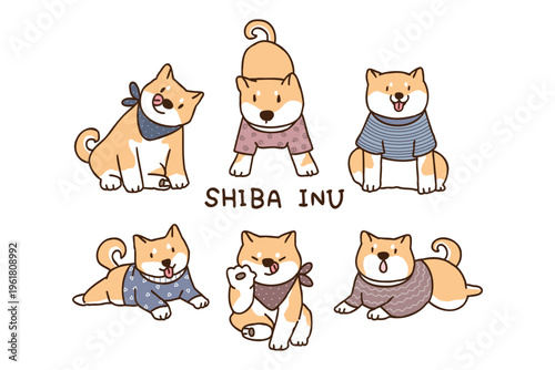 Vector Illustration of Cartoon Shiba Inu Dog Characters on Isolated Background. Hand Drawn Vector Illustration. 