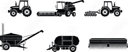 Black silhouette illustration set of agricultural and construction machinery including tractor, combine harvester, plow, grain cart, cement mixer, and seed drill equipment