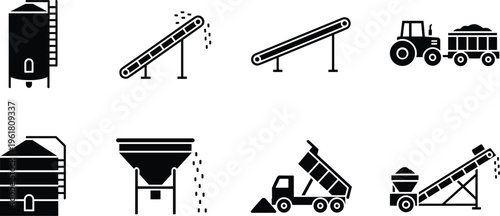 Black silhouette industrial and agricultural equipment icons set featuring silos, conveyor belts, dump truck, tractor trailer, hopper, and bulk material handling illustration