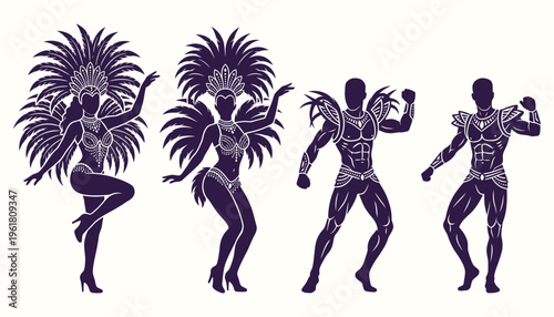 Brazilian carnival dancers silhouette set on white background