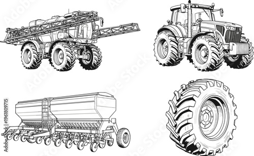 Detailed black and white agricultural illustration set featuring self-propelled sprayer, tractor, seed drill planter, and heavy-duty tractor tire for farming, machinery, and industry reference