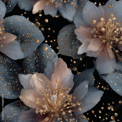 Dramatic floral wallpaper aesthetic with shimmering particles and delicate textured petals in soft blue and beige tones creating elegant and luxurious atmosphere