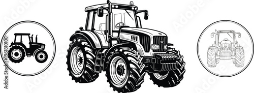 Tractor illustration collection featuring detailed line drawing, black silhouette icon, and circular cartoon design for agriculture, farming, machinery, transport, and industry reference