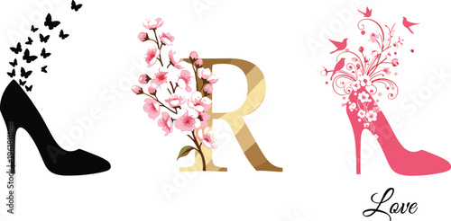 Elegant High Heel and Floral Letter Icon Set Featuring Love Theme Designs for Fashion, Valentine, and Romantic Graphic Projects