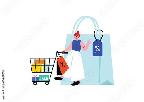 買い物カートを押す女性のイラスト