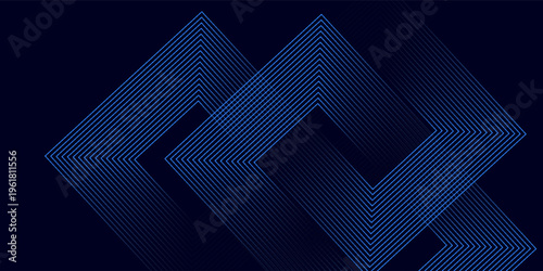 Abstract blue glowing geometric lines on dark background. Modern shiny blue rounded square lines pattern. Futuristic technology concept.