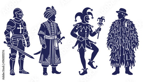 Silhouetted figures of knight sultan jester and hunter in traditional costumes