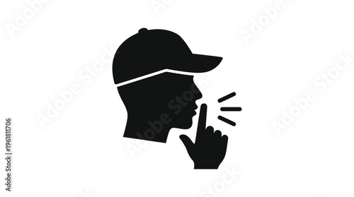 Silhouette of a person wearing a cap making a 'shhh' gesture, indicating silence, secrecy, or the need for quiet.