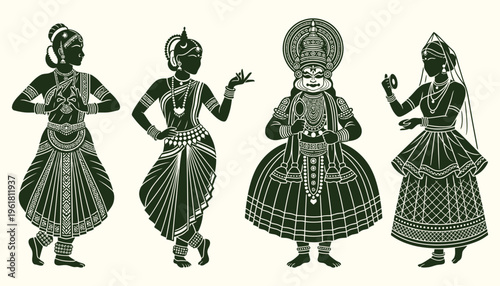 Traditional Indian classical dance performers silhouette illustration