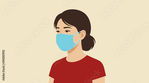 Illustration of a young woman wearing a blue medical face mask, looking forward with a neutral expression, against a plain background.