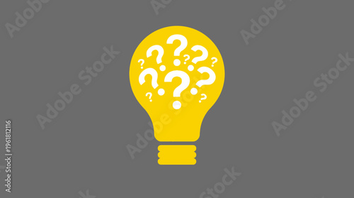 Bright yellow light bulb filled with multiple white question marks on a solid grey background, symbolizing confusion, ideas, or problem-solving.