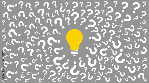 A bright yellow light bulb illuminating amidst a sea of white question marks on a grey background, symbolizing problem-solving and new ideas.