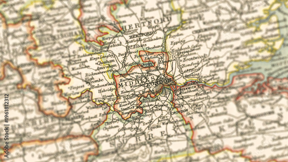Naklejka premium Macro View of Vintage Map Highlighting Middlesex England with Detailed Regional Cartography