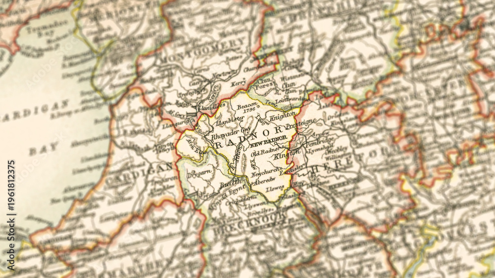 Naklejka premium Macro View of Vintage Map Highlighting Radnorshire England with Detailed Regional Cartography