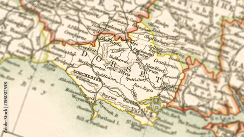 Tableau sur toile Macro View of Vintage Map Highlighting Dorset Shire England with Detailed Region