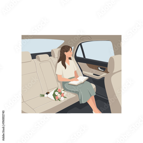 Woman sitting in a car reading a book with flowers on the seat