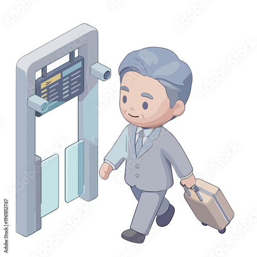 Businessman walks through airport security scanner with luggage in hand