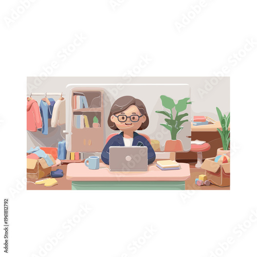 A woman works on her laptop surrounded by clothes and boxes in a cluttered room.