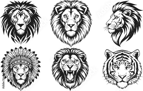 Lion and Tiger Head Icon Set Featuring Detailed Wild Animal Illustrations for Wildlife, Tattoo, and Graphic Design Projects