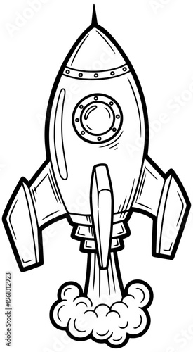 Rocket ship blasting off into the sky with smoke trail