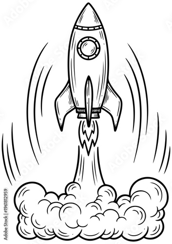 Rocket ship blasting off into space with motion lines and smoke