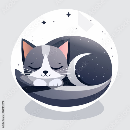 Cute sleeping cat curled up in a starry celestial orb illustration