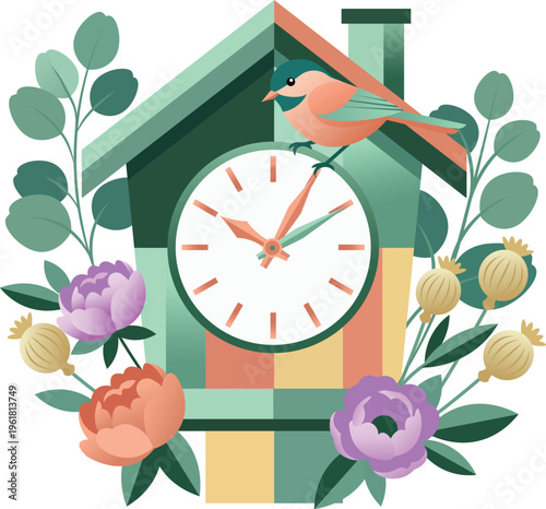 Floral Botanical Cuckoo Clock with Bird Spring Vector Illustration