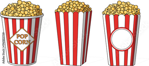 Popcorn Bucket Icon Set Featuring Classic Striped Movie Theater Containers for Cinema, Snack, and Entertainment Design Projects