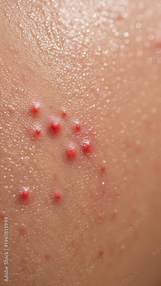 Fototapeta premium Close-up of skin with multiple red pimples and pustules.