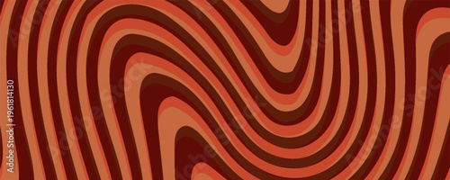 Retro coffee color background. Milk chocolate liquid dessert texture. Wavy swirl candy pattern for poster, cover, banner, pamphlet. Vintage brown trippy hippie wallpaper in 60s or 70s style. Vector