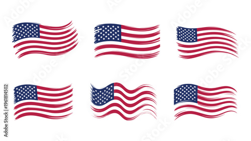 Collection of waving american flags with dynamic brush stroke effect.