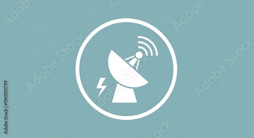 White Satellite Dish Icon with Lightning Bolt in Circle on Blue Background.