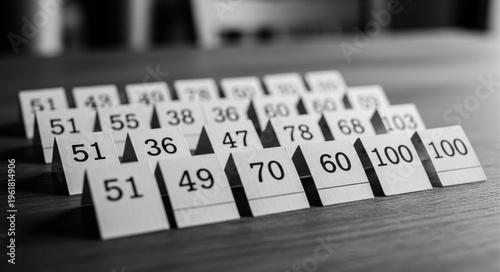 Arrangement of Numbered Cards on a Wooden Surface in Black and White.